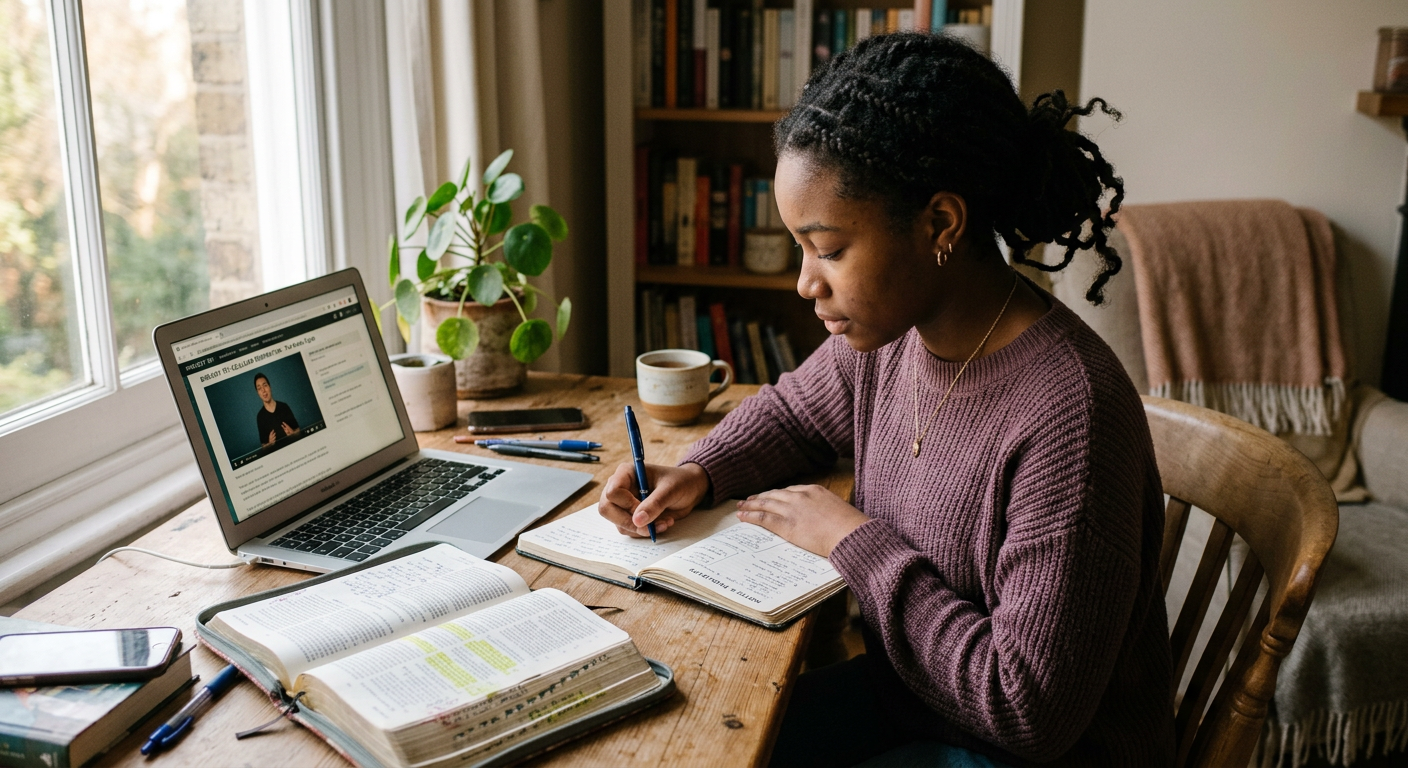 A teen girl studying an online course with her journal and Bible