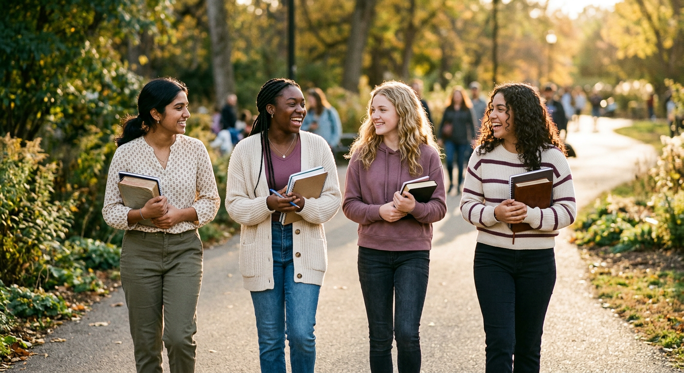 Four teen girls and young women walking forward together, carrying journals and Bibles