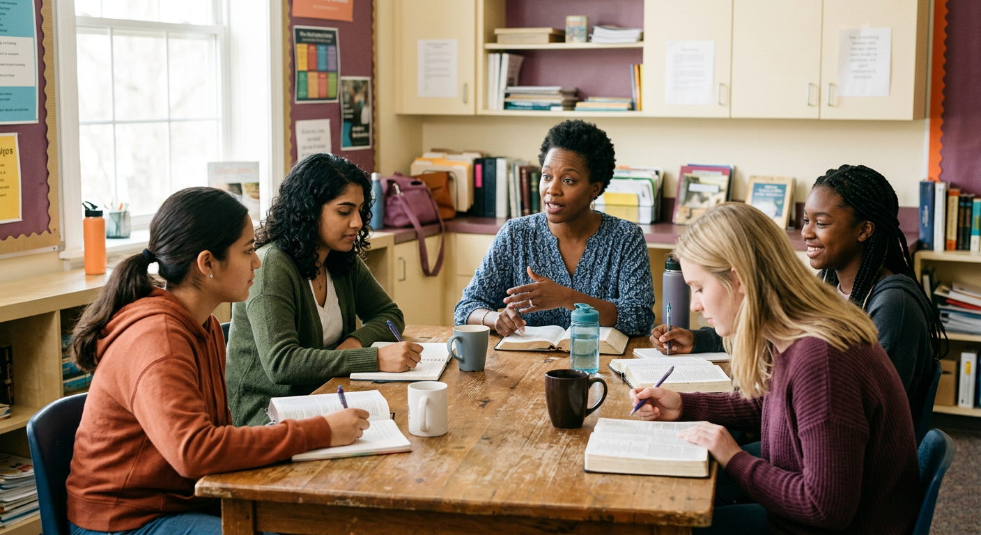 Women and teen girls studying and discussing around a table