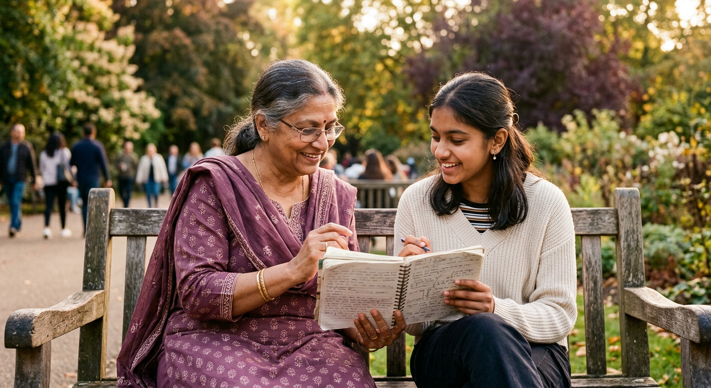 A woman mentoring a teen girl while they look at a journal together