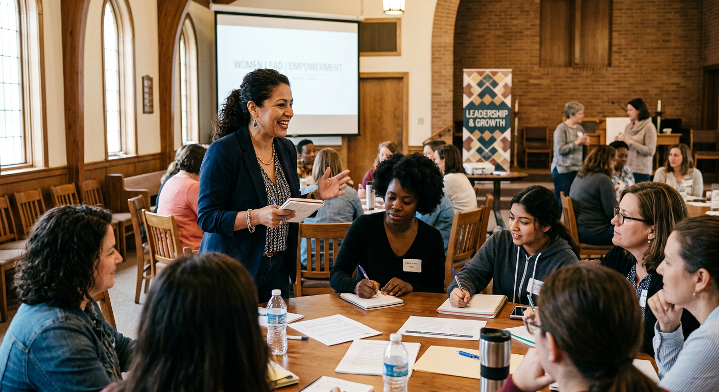 A facilitator leading an in-person workshop for women and teen girls